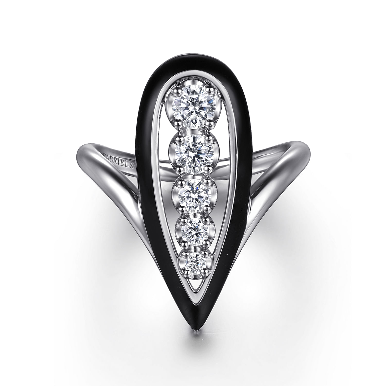 Enamel 14K White Gold Graduating Diamond Chevron Ring with Black Enamel