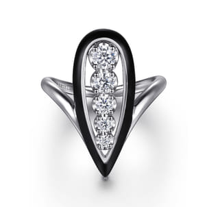 Enamel - 14K White Gold Graduating Diamond Chevron Ring with Black Enamel