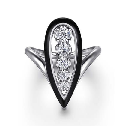 Enamel - 14K White Gold Graduating Diamond Chevron Ring with Black Enamel