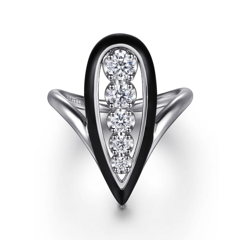 Enamel - 14K White Gold Graduating Diamond Chevron Ring with Black Enamel - 0.5 ct - Shot 1
