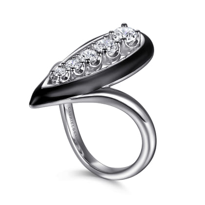 Enamel - 14K White Gold Graduating Diamond Chevron Ring with Black Enamel