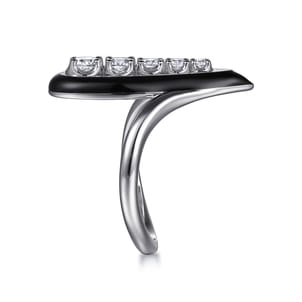 Enamel - 14K White Gold Graduating Diamond Chevron Ring with Black Enamel