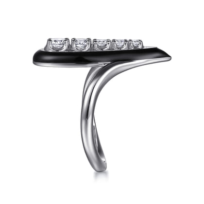 Enamel - 14K White Gold Graduating Diamond Chevron Ring with Black Enamel