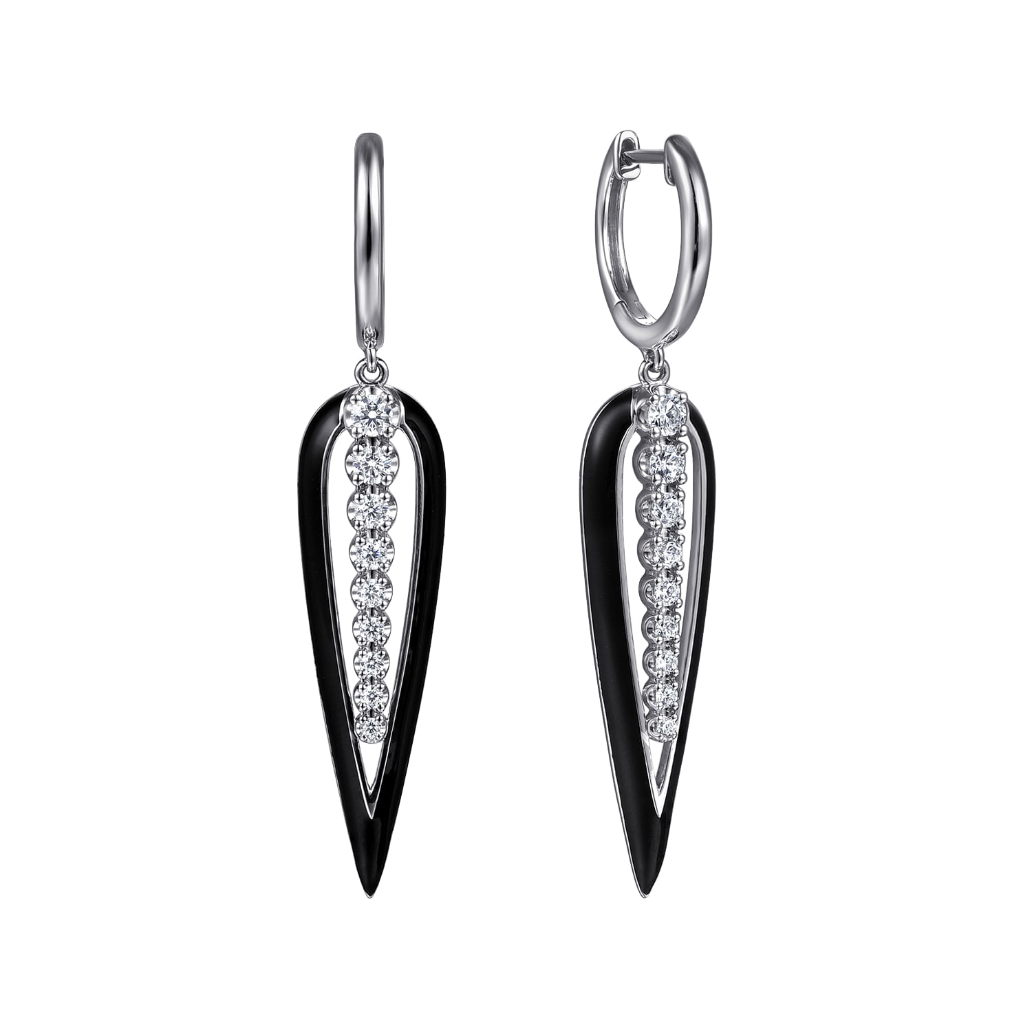 Enamel - 14K White Gold Graduating Diamond Huggie Drop Earrings with Black Enamel