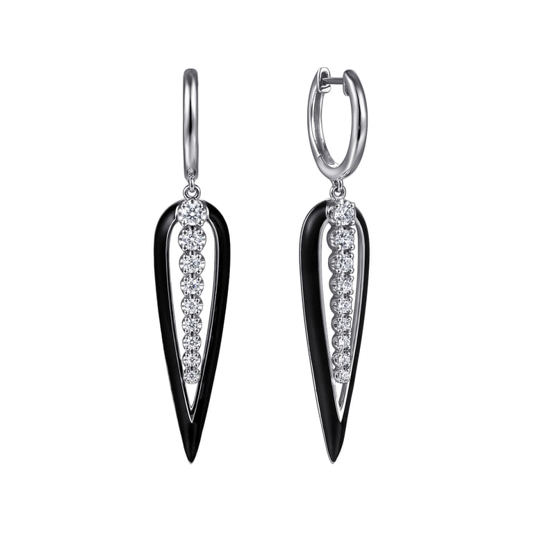 Enamel - 14K White Gold Graduating Diamond Huggie Drop Earrings with Black Enamel - 0.5 ct - Shot 1