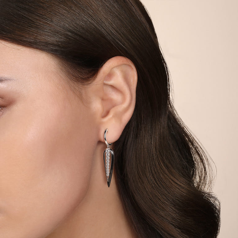 Enamel - 14K White Gold Graduating Diamond Huggie Drop Earrings with Black Enamel - 0.5 ct - Shot 2