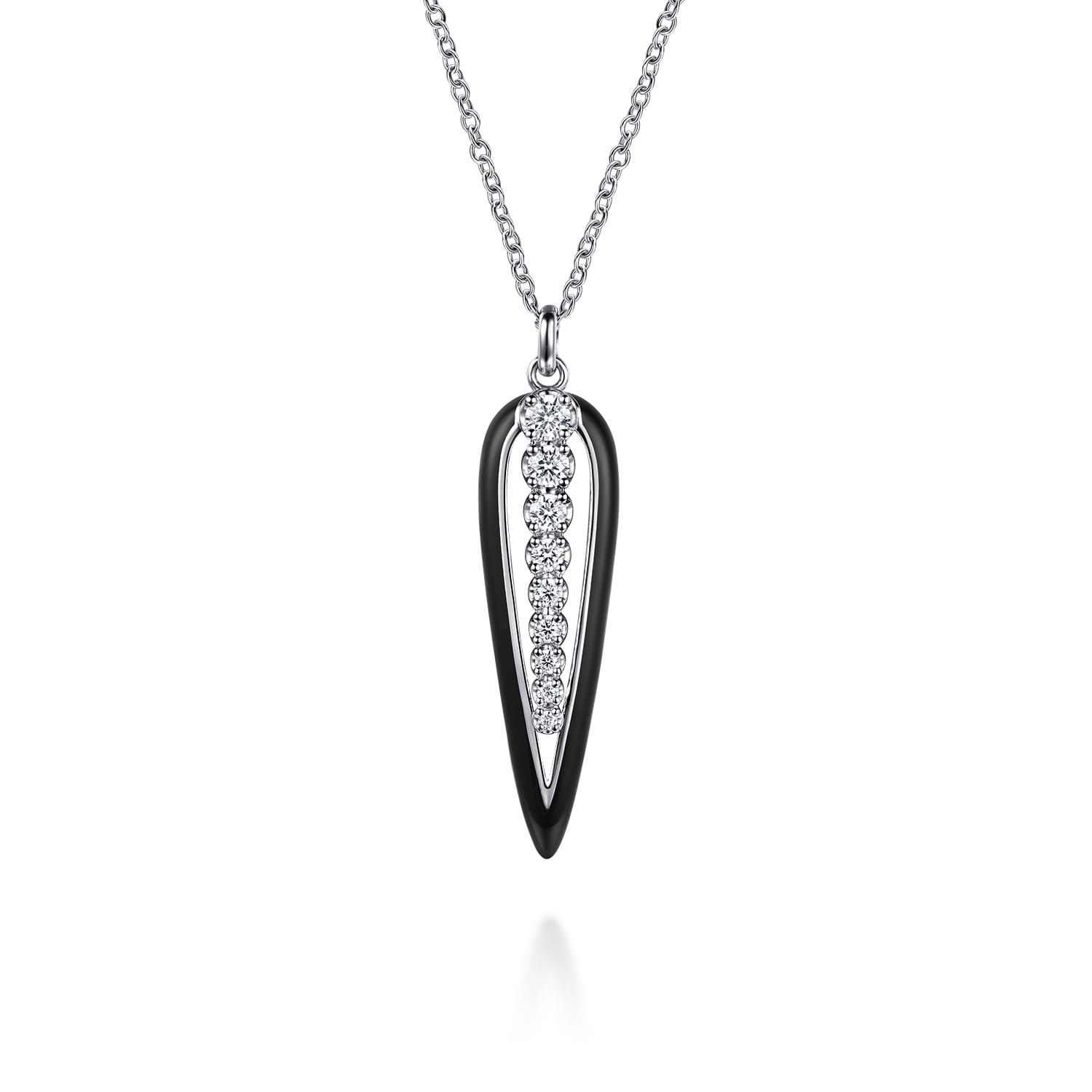 Enamel - 14K White Gold Graduating Diamond Pendant Necklace with Black Enamel - 0.5 ct - Shot 1
