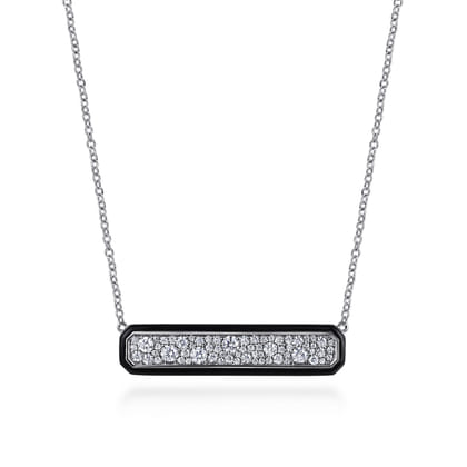 Enamel - 14K White Gold Pave Diamond Bar Necklace with Black Enamel