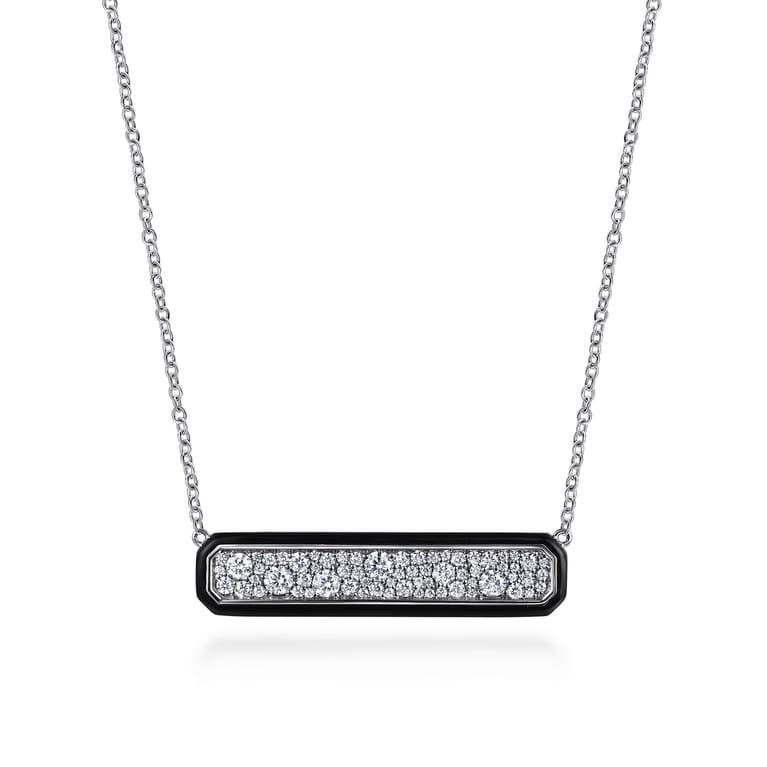 Enamel - 14K White Gold Pave Diamond Bar Necklace with Black Enamel - 1 ct - Shot 1