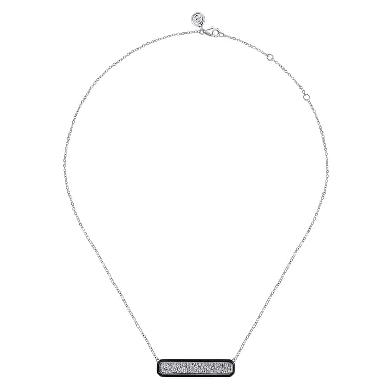 Enamel - 14K White Gold Pave Diamond Bar Necklace with Black Enamel - 1 ct - Shot 2
