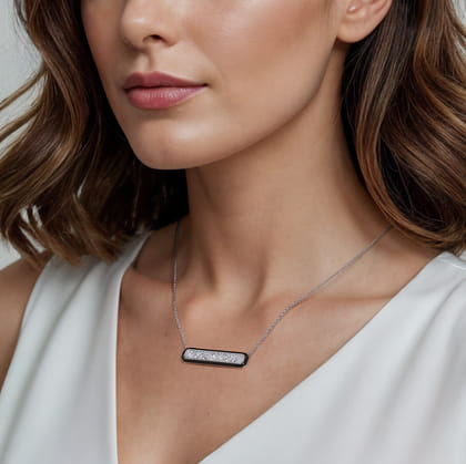 Enamel - 14K White Gold Pave Diamond Bar Necklace with Black Enamel