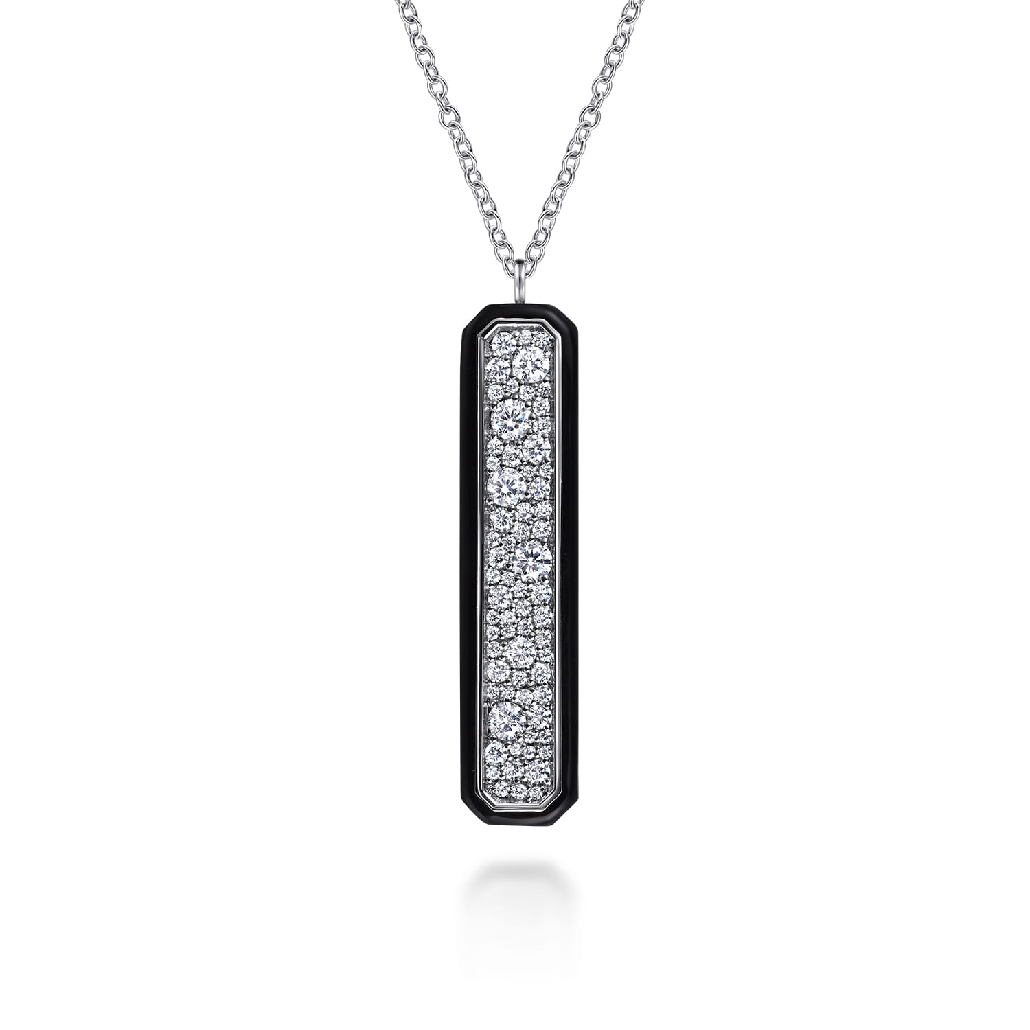 Enamel - 14K White Gold Pave Diamond Bar Necklace with Black Enamel - 1 ct - Shot 1