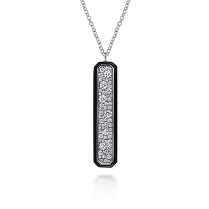 Enamel - 14K White Gold Pave Diamond Bar Necklace with Black Enamel