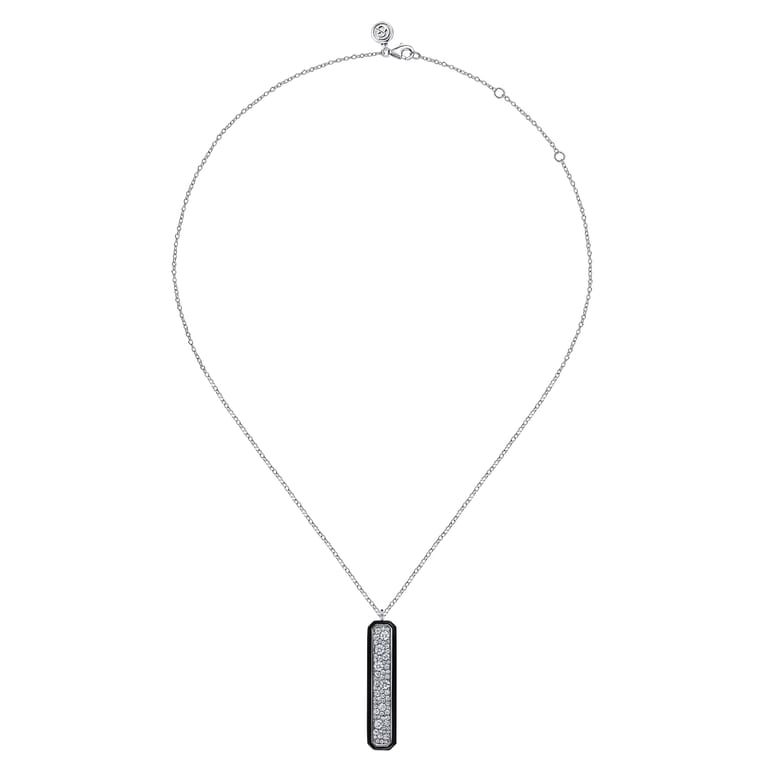 Enamel - 14K White Gold Pave Diamond Bar Necklace with Black Enamel - 1 ct - Shot 2