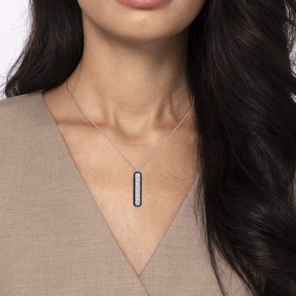 Enamel - 14K White Gold Pave Diamond Bar Necklace with Black Enamel