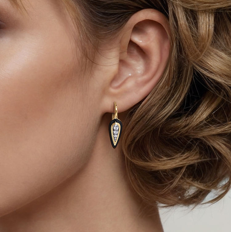 Enamel - 14K White and Yellow Gold Diamond Drop Earrings with Black Enamel