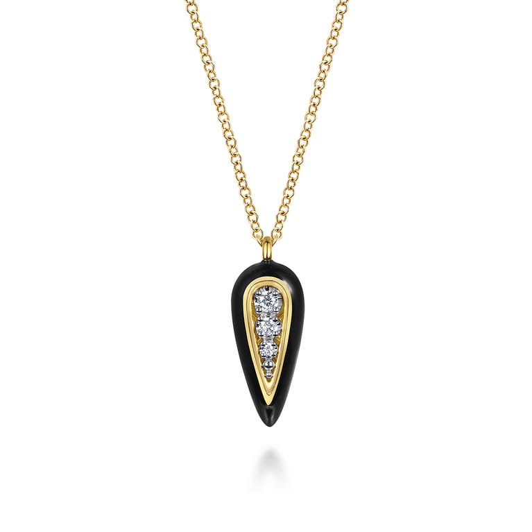 Enamel - 14K White and Yellow Gold Diamond Pendant Necklace with Black Enamel - 0.07 ct - Shot 1