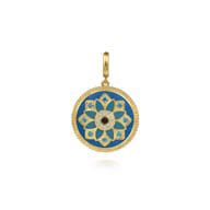 Enamel - 14K Yellow Gold 24mm Diamond Blue Sapphire and Blue Topaz Bujukan Multicolor Enamel Medallion Pendant With Detachable Bail
