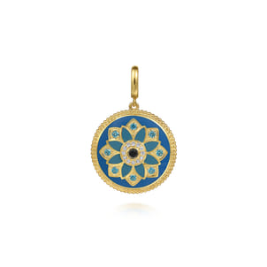 Enamel - 14K Yellow Gold 24mm Diamond Blue Sapphire and Blue Topaz Bujukan Multicolor Enamel Medallion Pendant With Detachable Bail