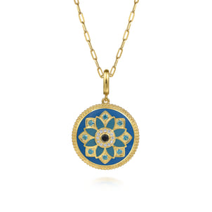 Enamel - 14K Yellow Gold 24mm Diamond Blue Sapphire and Blue Topaz Bujukan Multicolor Enamel Medallion Pendant With Detachable Bail