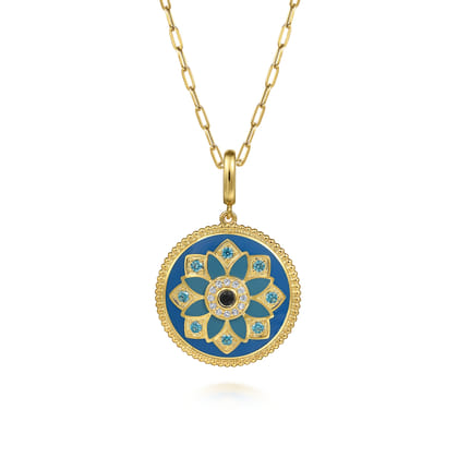 Enamel - 14K Yellow Gold 24mm Diamond Blue Sapphire and Blue Topaz Bujukan Multicolor Enamel Medallion Pendant With Detachable Bail