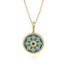 Enamel - 14K Yellow Gold 24mm Diamond Blue Sapphire and Blue Topaz Bujukan Multicolor Enamel Medallion Pendant With Detachable Bail - 0.09 ct