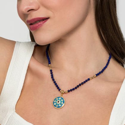 Enamel - 14K Yellow Gold 24mm Diamond Blue Sapphire and Blue Topaz Bujukan Multicolor Enamel Medallion Pendant With Detachable Bail