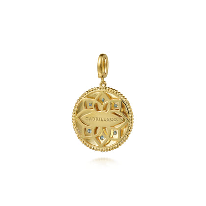 Enamel - 14K Yellow Gold 24mm Diamond Blue Sapphire and Blue Topaz Bujukan Multicolor Enamel Medallion Pendant with Detachable Bail