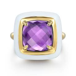 Enamel - 14K Yellow Gold Amethyst Cocktail Ring with White Enamel