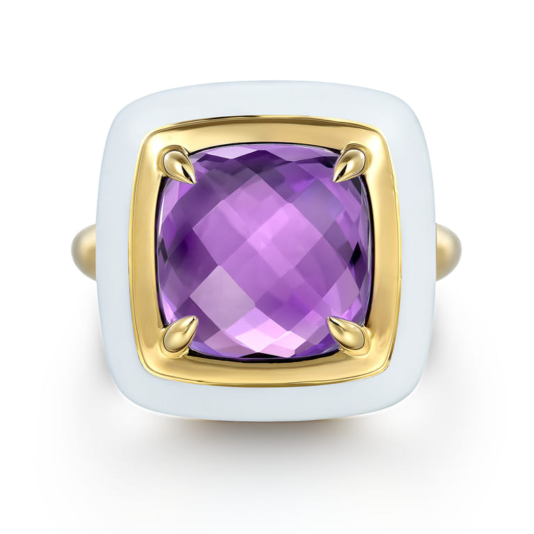 Enamel - 14K Yellow Gold Amethyst Cocktail Ring with White Enamel - Shot 1
