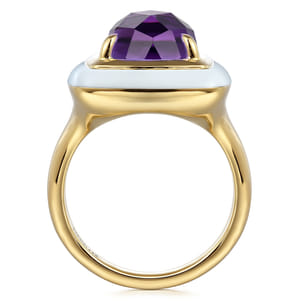 Enamel - 14K Yellow Gold Amethyst Cocktail Ring with White Enamel