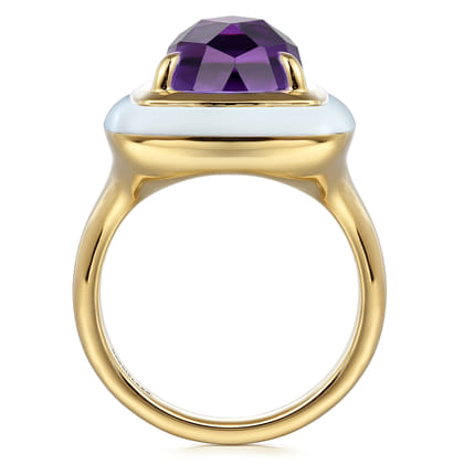 Enamel - 14K Yellow Gold Amethyst Cocktail Ring with White Enamel