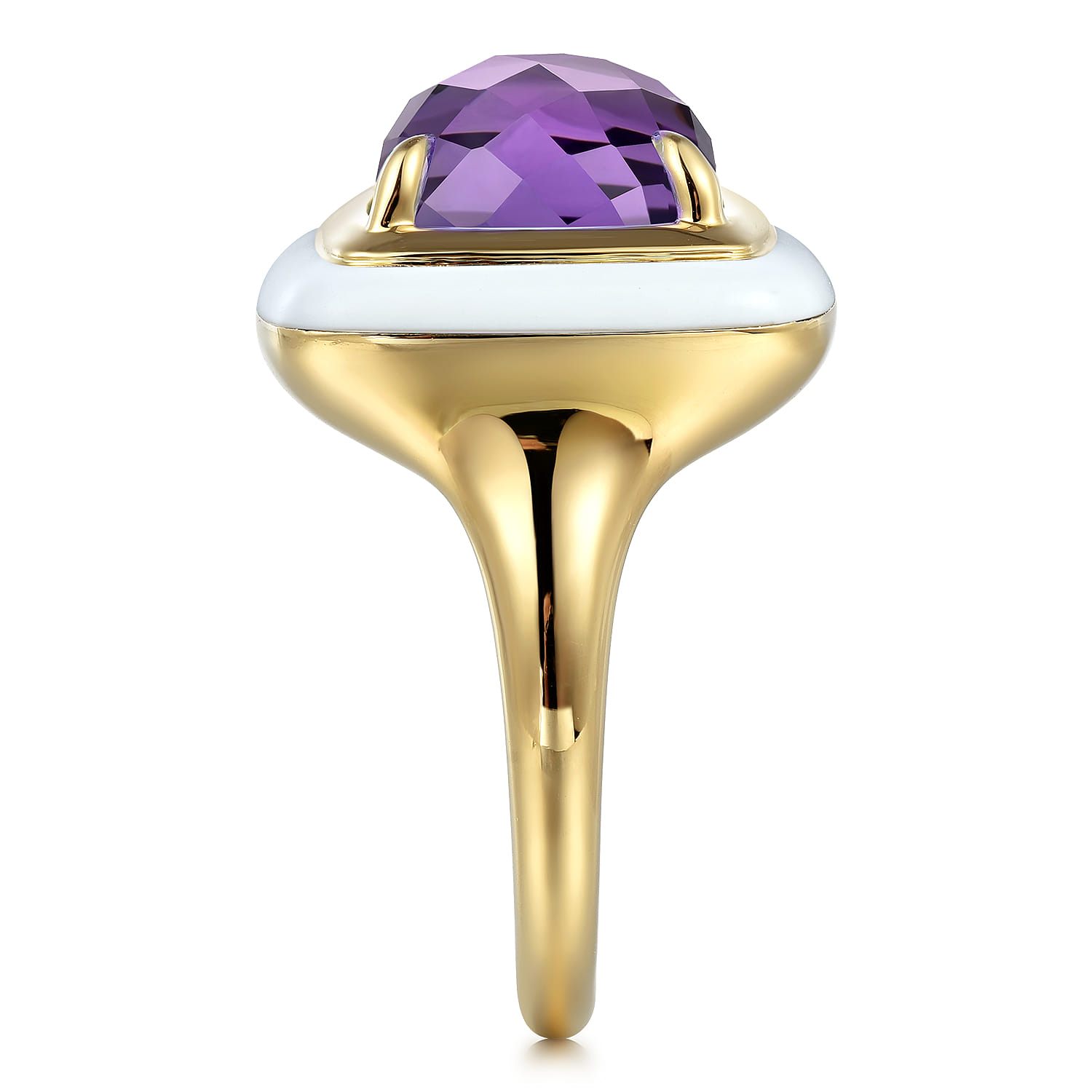 Enamel - 14K Yellow Gold Amethyst Cocktail Ring with White Enamel