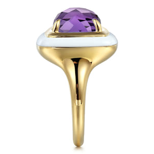 Enamel - 14K Yellow Gold Amethyst Cocktail Ring with White Enamel