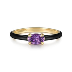 Enamel - 14K Yellow Gold Amethyst Cocktail Stackable with Black Enamel
