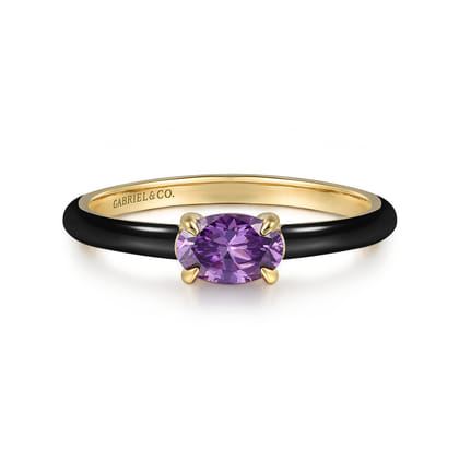 Enamel - 14K Yellow Gold Amethyst Cocktail Stackable with Black Enamel