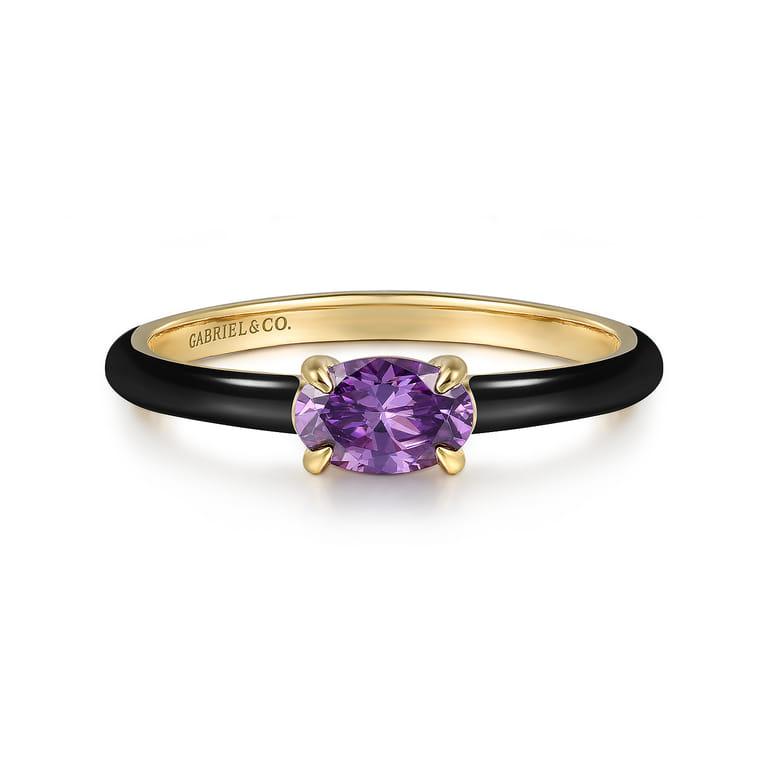 Enamel - 14K Yellow Gold Amethyst Cocktail Stackable with Black Enamel - Shot 1