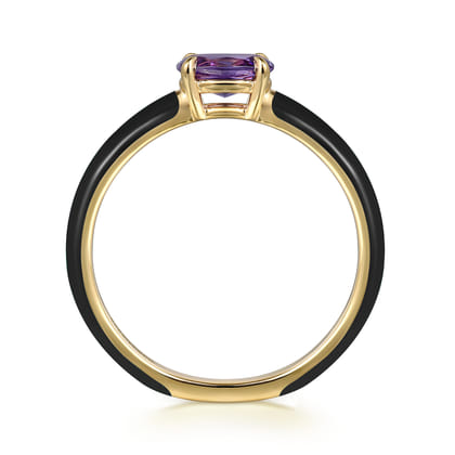 Enamel - 14K Yellow Gold Amethyst Cocktail Stackable with Black Enamel