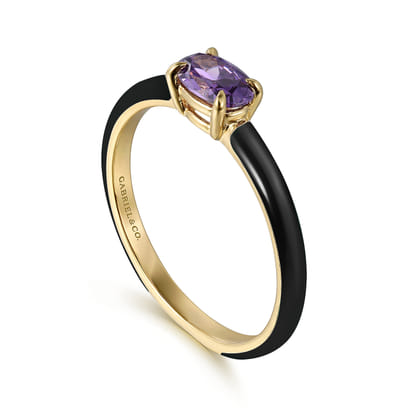 Enamel - 14K Yellow Gold Amethyst Cocktail Stackable with Black Enamel