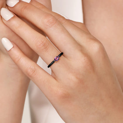 Enamel - 14K Yellow Gold Amethyst Cocktail Stackable with Black Enamel