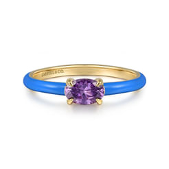 14K Yellow Gold Amethyst Cocktail Stackable with Blue Enamel