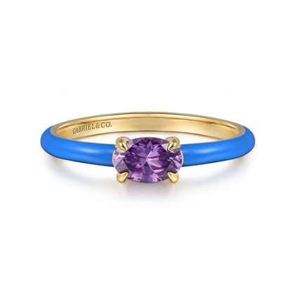 Enamel - 14K Yellow Gold Amethyst Cocktail Stackable with Blue Enamel