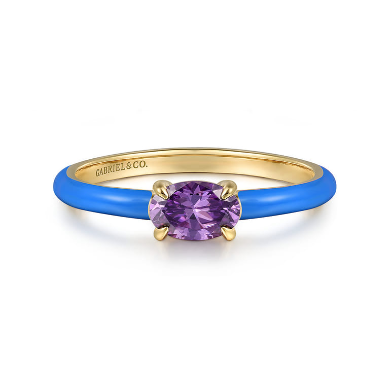 Enamel - 14K Yellow Gold Amethyst Cocktail Stackable with Blue Enamel - Shot 1