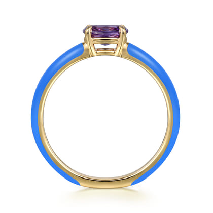 Enamel - 14K Yellow Gold Amethyst Cocktail Stackable with Blue Enamel