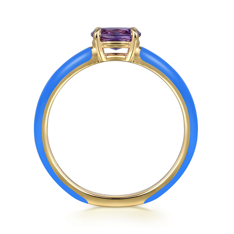 Enamel - 14K Yellow Gold Amethyst Cocktail Stackable with Blue Enamel - Shot 2