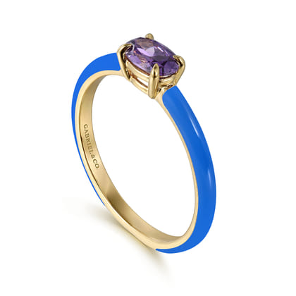 Enamel - 14K Yellow Gold Amethyst Cocktail Stackable with Blue Enamel