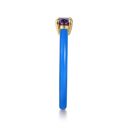 Enamel - 14K Yellow Gold Amethyst Cocktail Stackable with Blue Enamel