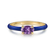 Enamel - 14K Yellow Gold Amethyst Cocktail Stackable with Chrome Blue Enamel