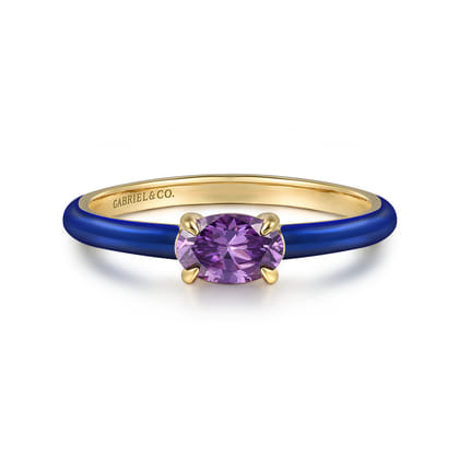 Enamel - 14K Yellow Gold Amethyst Cocktail Stackable with Chrome Blue Enamel