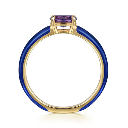 Enamel - 14K Yellow Gold Amethyst Cocktail Stackable with Chrome Blue Enamel